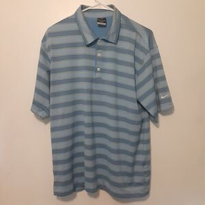 Nike Polo Shirt Mens Medium Blue Striped Dri Fit UV Golf Short Sleeve Swoosh